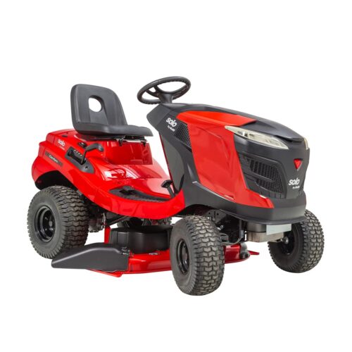 En rød og sort plænetraktor.