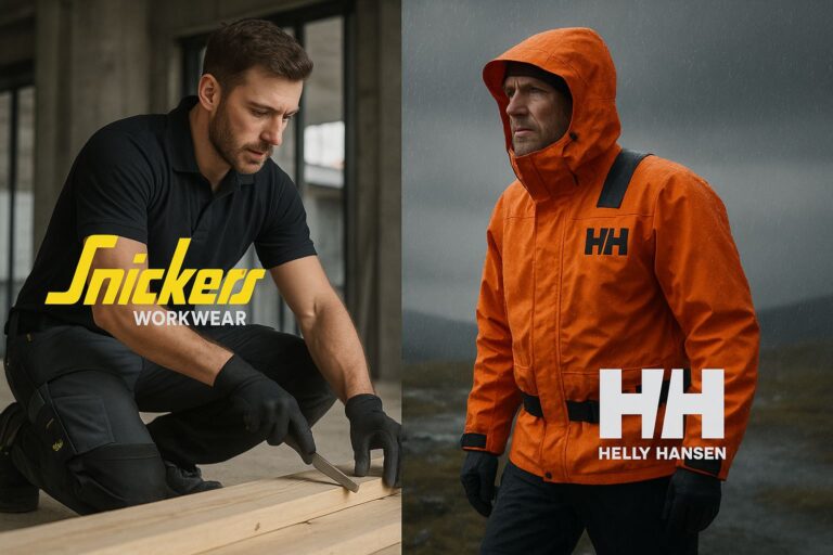 Venstre side viser en mand iført Snickers Workwear tøj, der arbejder med træ, mens højre side viser en mand i en orange Helly Hansen jakke i regnvejr.