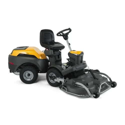 Havetraktor med gul og sort design og frontklipper.