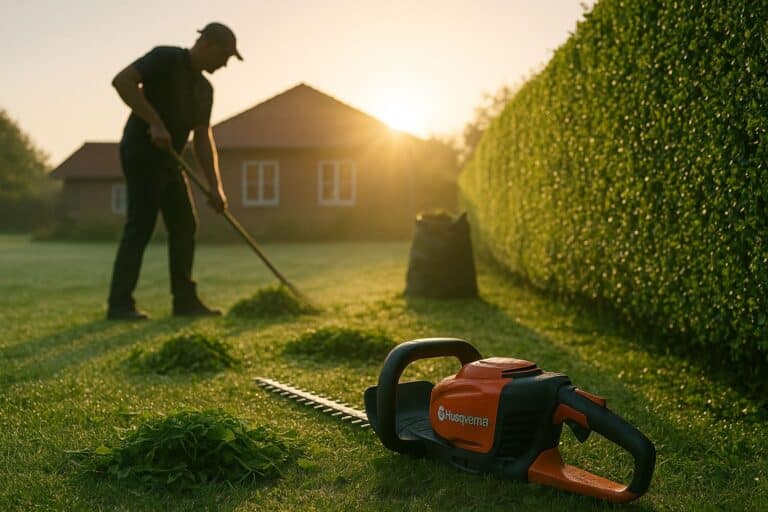 En person i silhuet arbejder i haven med en rive, mens solen står lavt på himlen. Foran personen ligger der bunkevis af afklippet hække. En Husqvarna hækkeklipper er placeret i forgrunden på den velplejede græsplæne ved siden af en tæt klippet hæk. I baggrunden ses et hus med rødt tag.