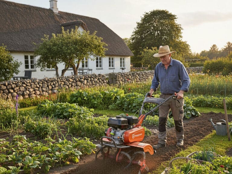 Mand bruger en havefræser i haven