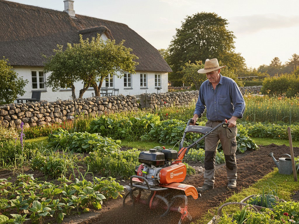 Mand bruger en havefræser i haven