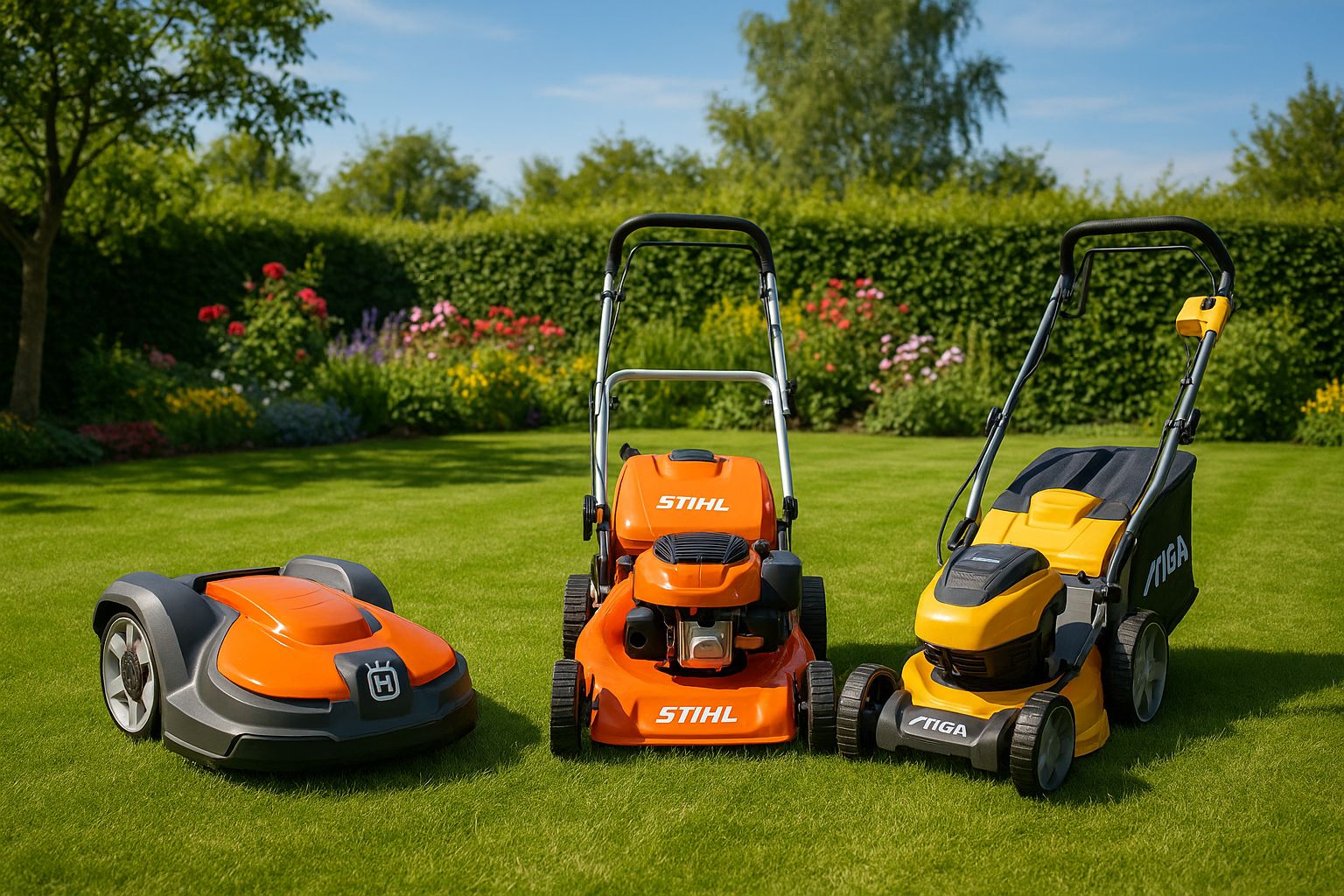 Tre plæneklippere på en græsplæne plæneklipper benzin plæneklipper, batteri plæneklipper, håndskubber plæneklipper