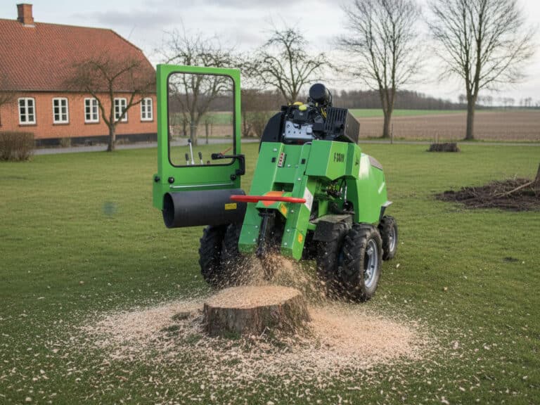 En grøn stubfræser rodfræser arbejder på en træstub i en have.