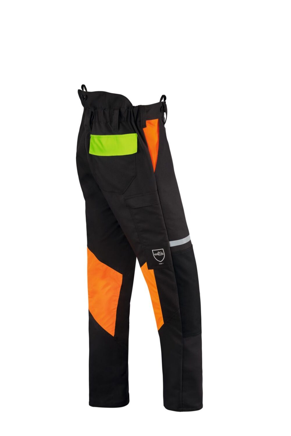 Sorte arbejdsbukser med orange og grønne detaljer.