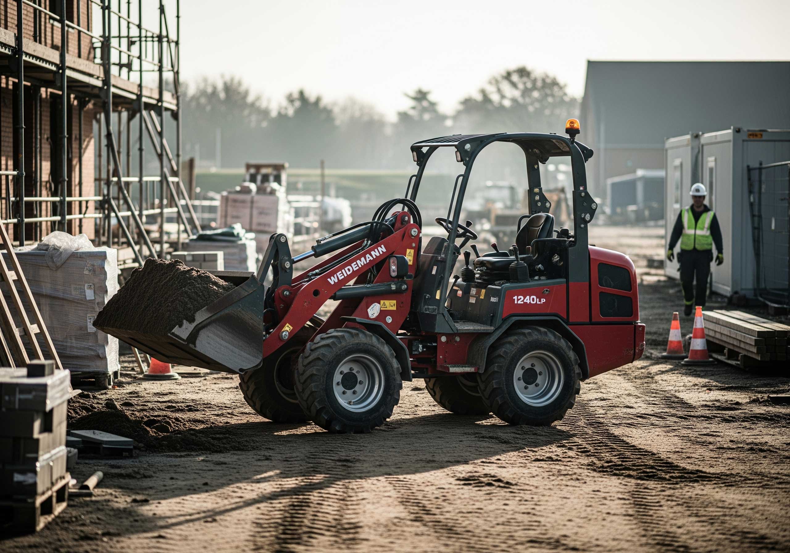 En rød Weidemann 1240LP minilæsser med en skovl fuld af jord ved en byggeplads. Maskinen er omgivet af byggematerialer og stilladser. En byggearbejder med hjelm og refleksvest går i baggrunden.