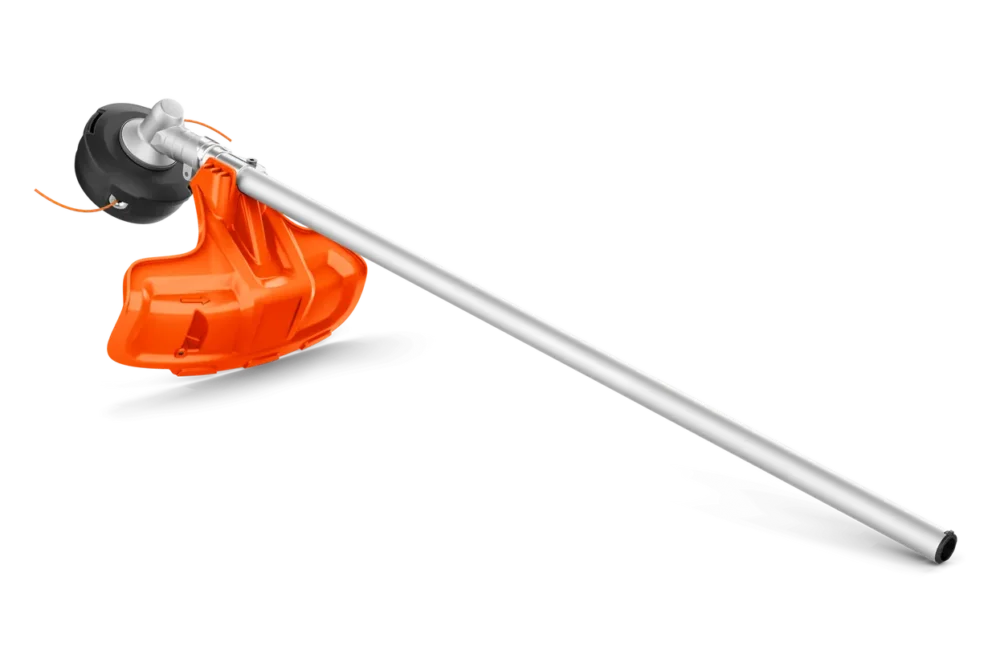 Trimmerhoved med orange skærm og sølvfarvet skaft