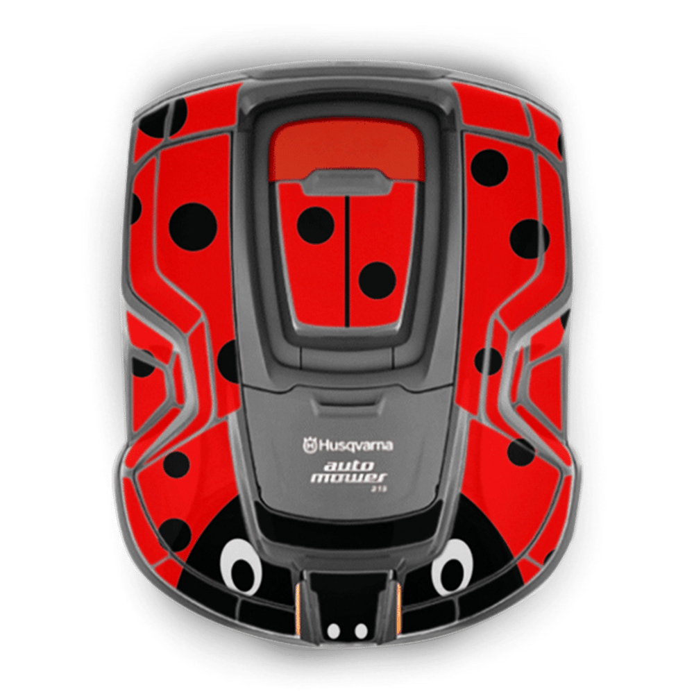 Robotplæneklipper med rødt og sort mariehøne-design