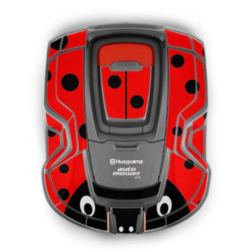 Robotplæneklipper med rødt og sort mariehøne-design