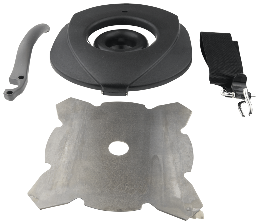 Reservedele til græstrimmer sat på hvid baggrund