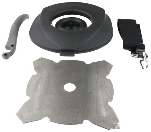 Reservedele til græstrimmer sat på hvid baggrund