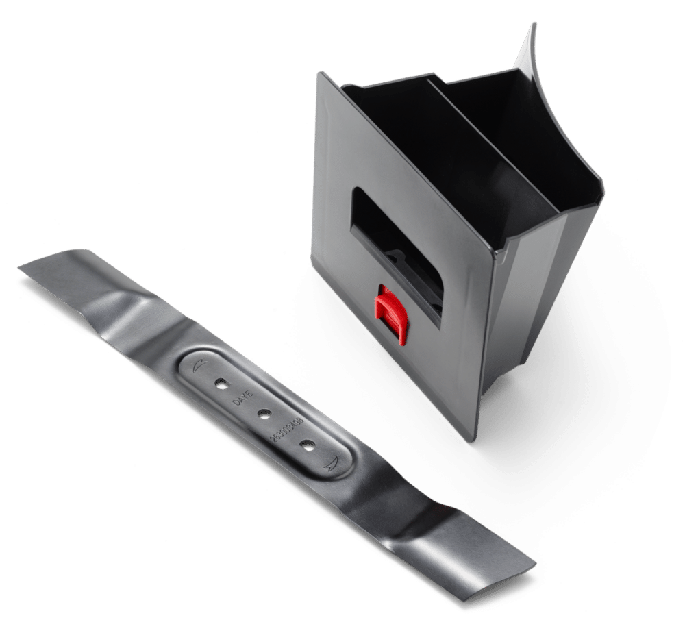 Kniv og græsopsamler til græsslåmaskine.