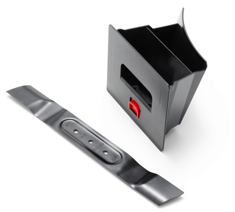 Kniv og græsopsamler til græsslåmaskine.