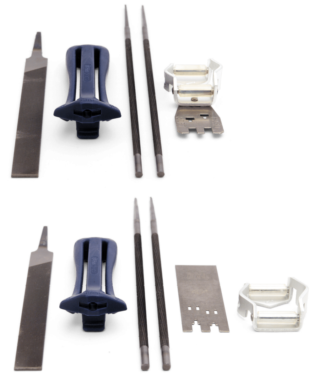 En samling af fil- og skæreværktøjer på sort baggrund.