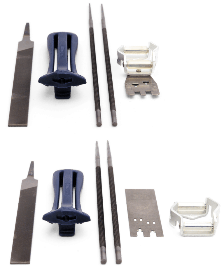 En samling af fil- og skæreværktøjer på sort baggrund.