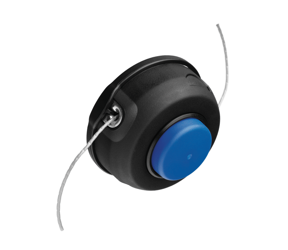 Trimmerhoved med sort krop og blå knap.