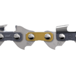Nærbillede af en motorsavskæde med en gul led.