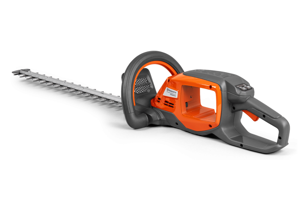 Batteridrevet hækkeklipper i orange og grå.