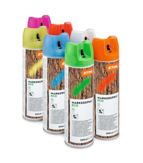 Samling af STIHL markerspray-dåser i forskellige farver.