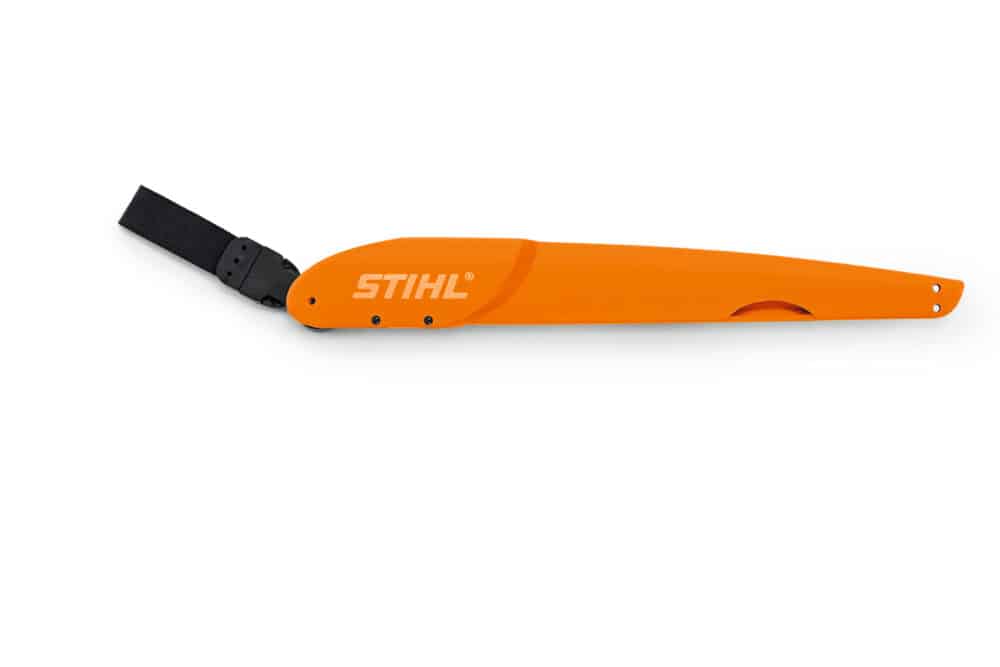 Orange STIHL beskyttelsesskede til sav.