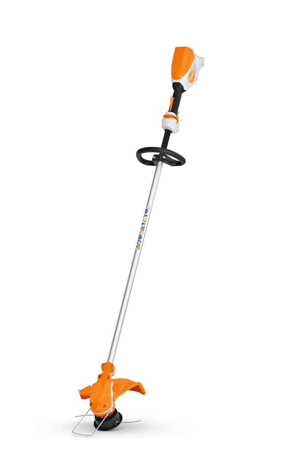 Batteridrevet græstrimmer med orange og sorte detaljer.