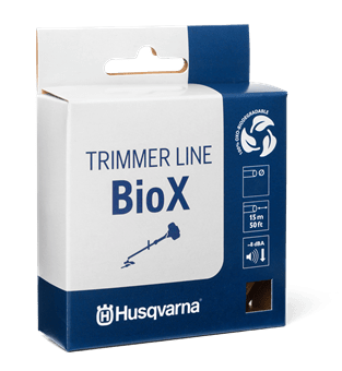 Emballage til trimmerline fra Husqvarna, mærket "BioX". Kassen er blå og hvid, med genbrugssymboler og specifikationer om længde (15 m) og lydreduktion (-8 dBA).