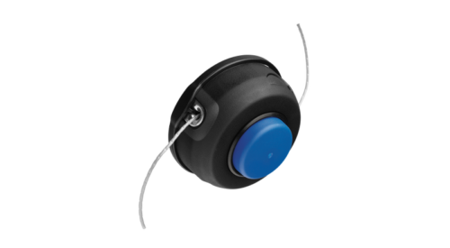 Trimmerhoved med en blå knap og udstrakte liner.