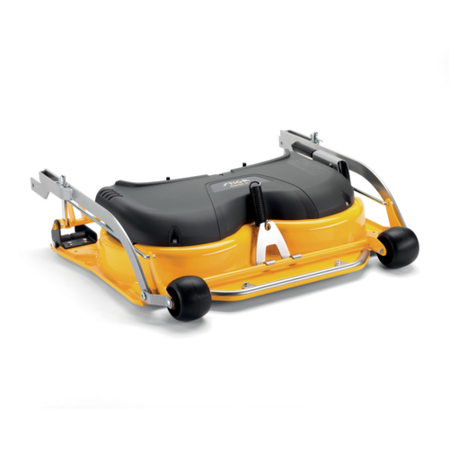 Plæneklipperdæk med gule og sorte detaljer.