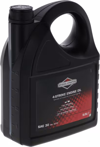 Sort plasticbeholder med Briggs & Stratton motorolie.