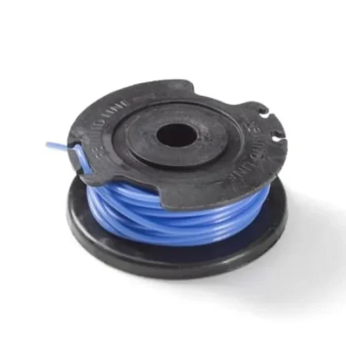 Sort spole med blå nylontråd til græstrimmer.