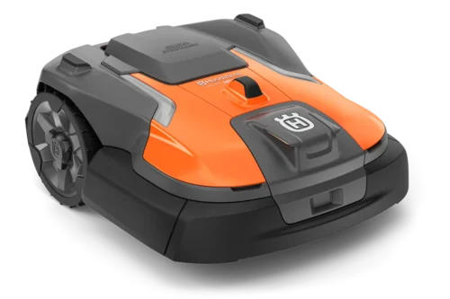 Orange og grå robotplæneklipper.