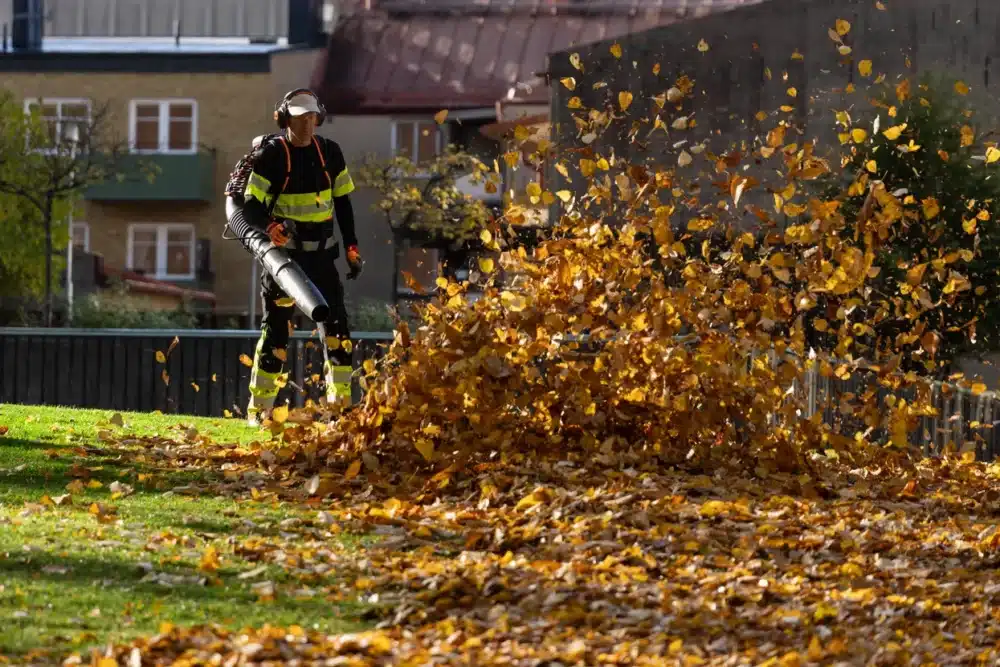 Person bruger løvblæser til at samle nedfaldne blade.