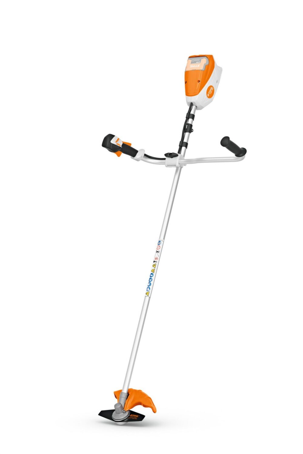 Elektrisk græstrimmer med orange og hvidt design.
