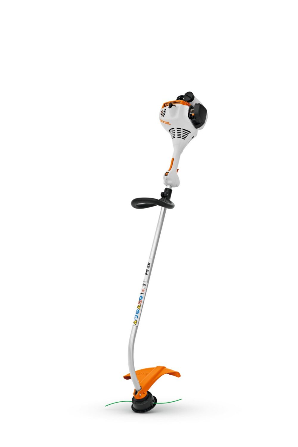 Græstrimmer med buet skaft og orange detaljer