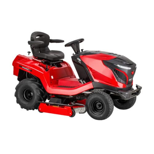 Rød plænetraktor med sort sæde