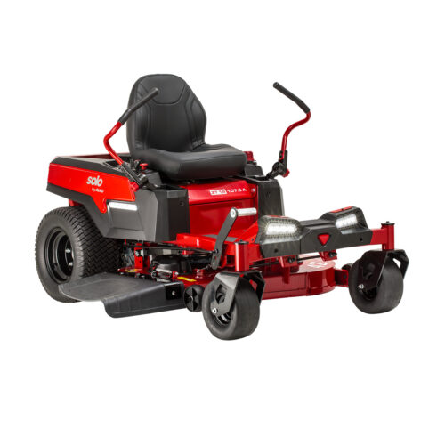 Rød zero-turn plæneklipper med sort sæde