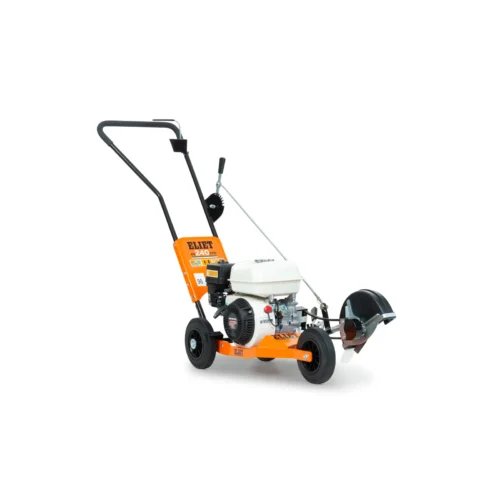 En plænekantklipper med hjul og håndtag.