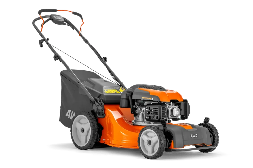 Plæneklipper med orange og grå design